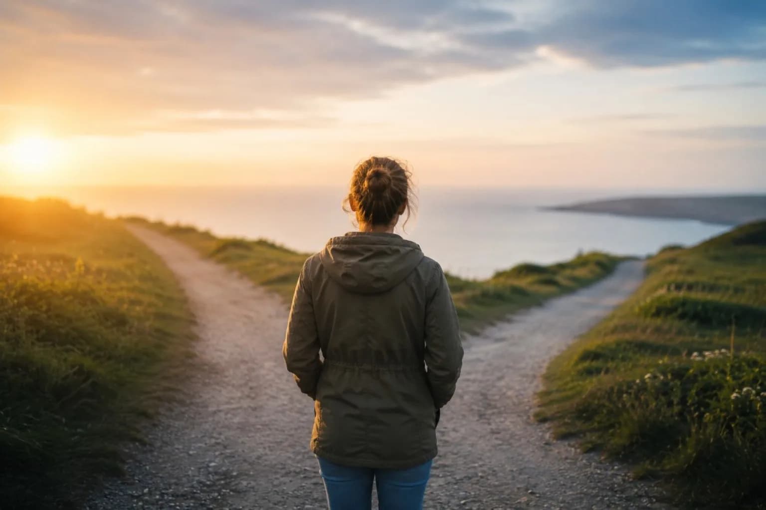 Person standing at a fork in a coastal path at sunset, deciding which way to go
