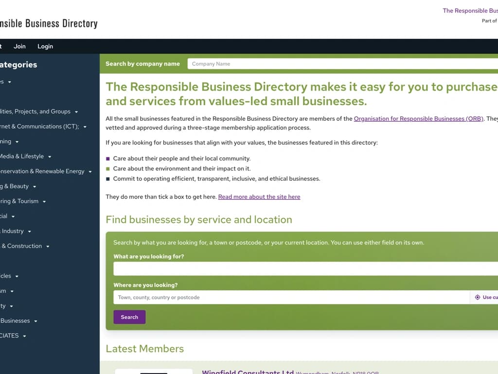 Screenshot of the current Next.js Responsible Business Directory