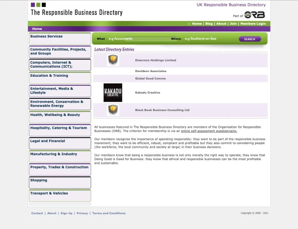 Screenshot of The Responsible Business Directory as it appeared before the 2024 rebuild