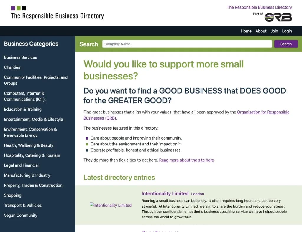 Screenshot of The Responsible Business Directory after the 2024 CodeIgniter 4 rebuild