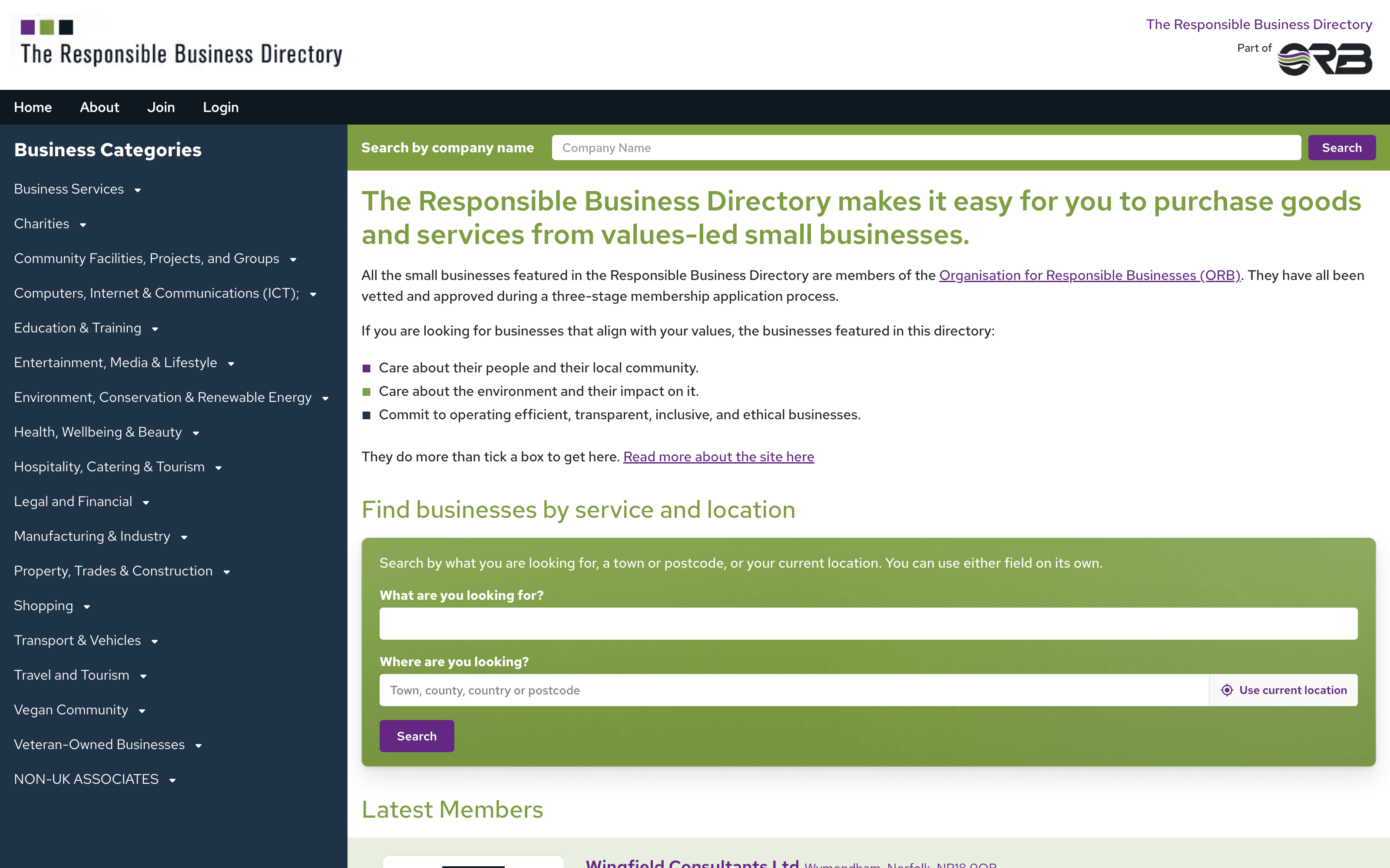 Homepage screenshot of The Responsible Business Directory
