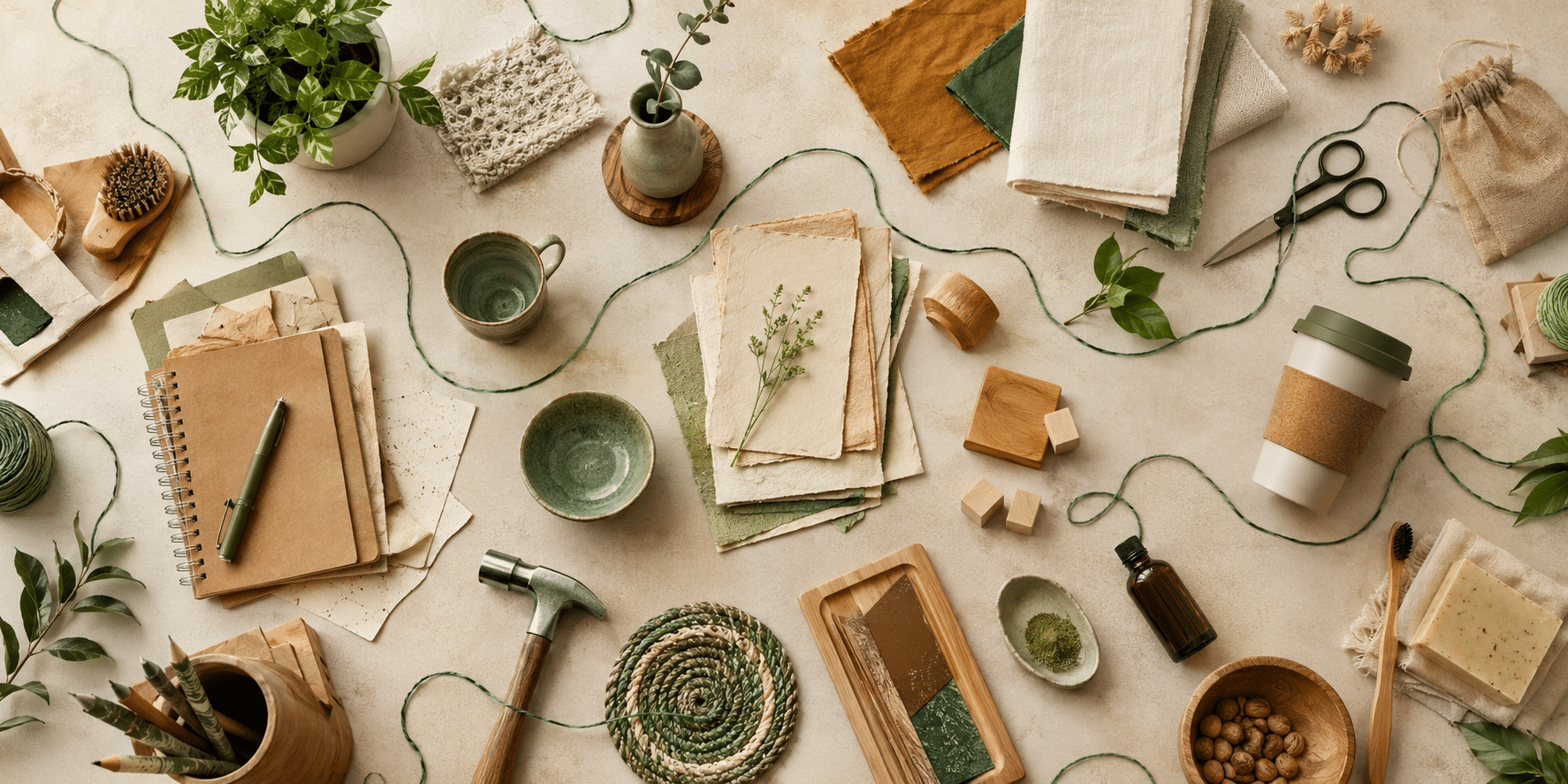 Tools and materials representing different responsible businesses, connected by a green thread.