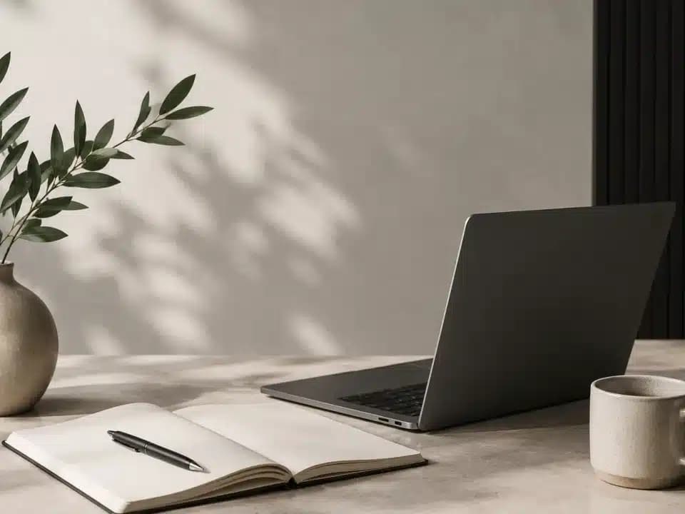 Laptop, notebook, plant, and coffee cup on a calm workspace desk
