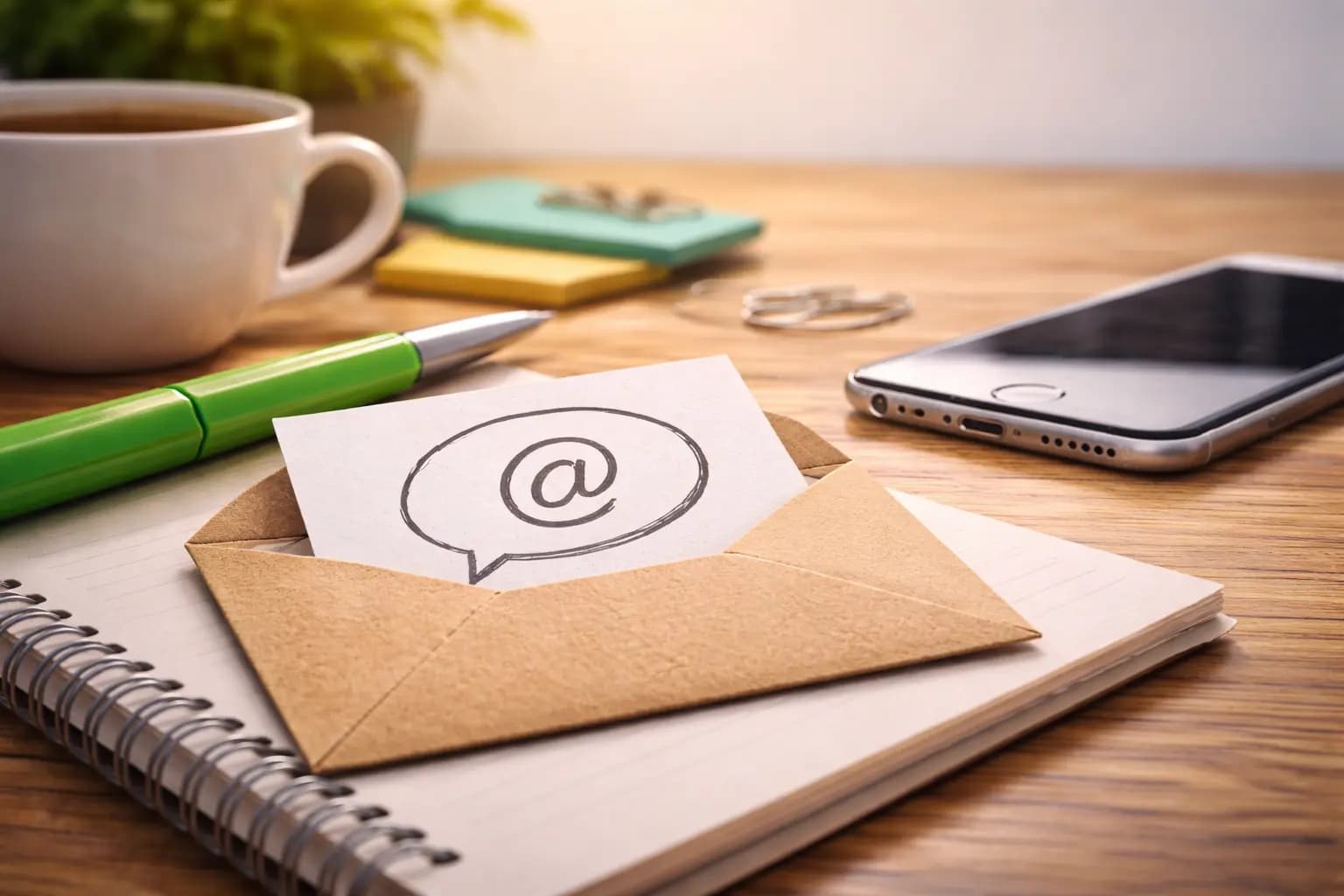 Desk scene with an envelope, smartphone, notebook and pen representing getting in touch about a website project