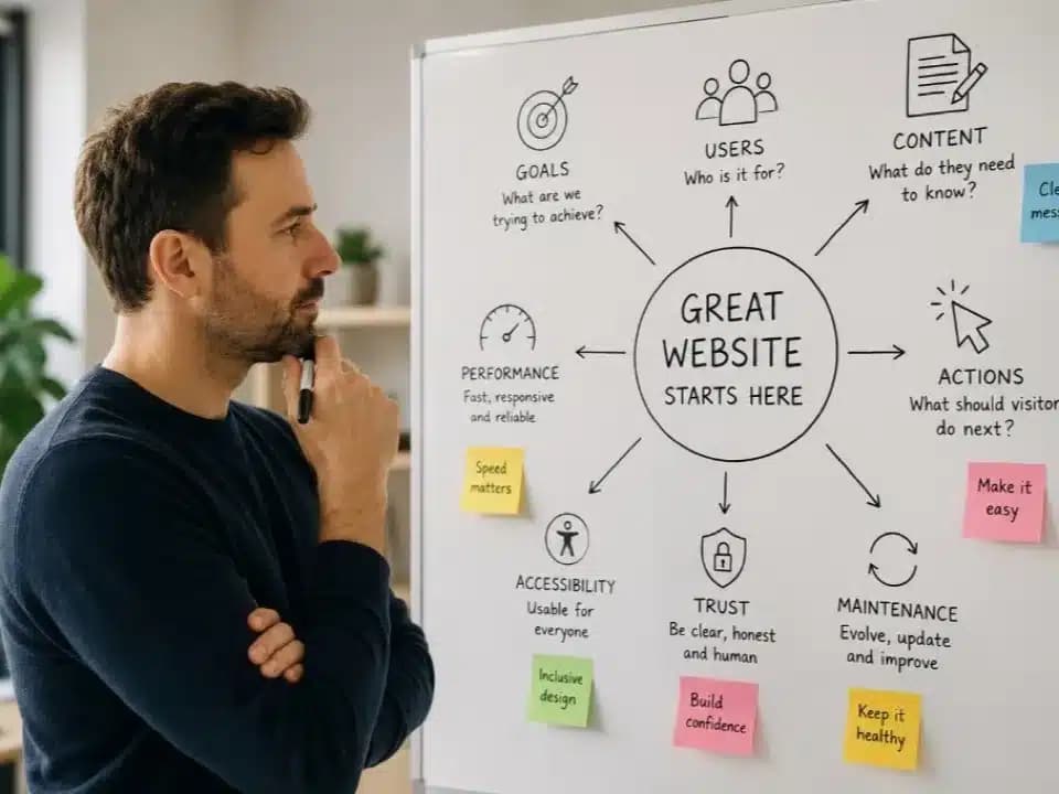 Web developer studying a whiteboard mind map about building a great website, covering goals, users, content, performance, accessibility, trust, and maintenance