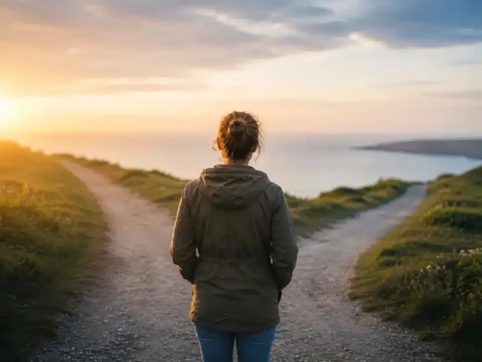 Person standing at a fork in a coastal path at sunset, deciding which way to go