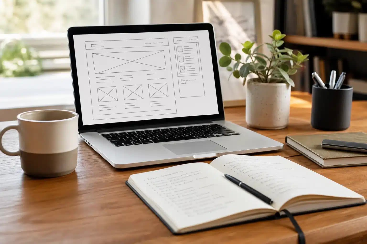 Laptop with website planning notes, notebook, and coffee cup on a calm workspace desk