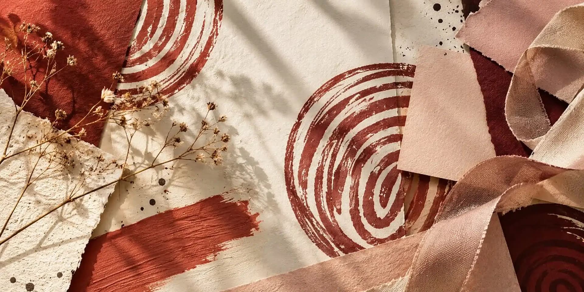 Handmade paper with rust-red spiral prints, brushstrokes, dried flowers and pink silk ribbon, echoing the Christabel Creative brand