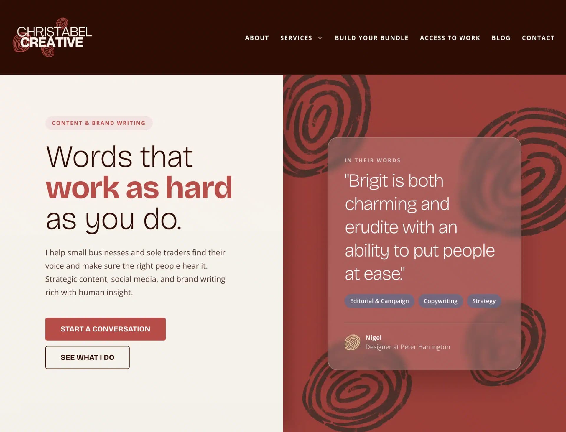 The Christabel Creative homepage, with the headline "Words that work as hard as you do"
