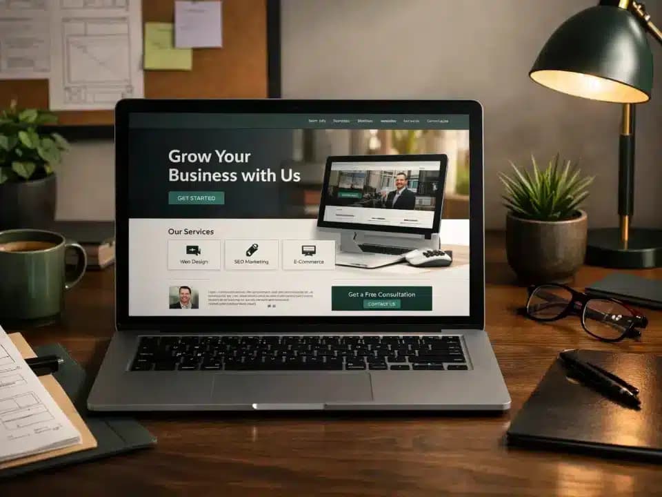 Small business website homepage design shown on a laptop in a creative workspace