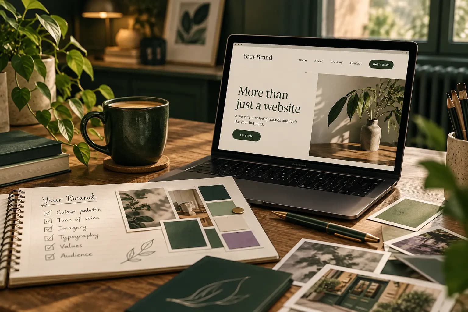 Laptop showing a website titled "More than just a website" on a wooden desk beside a brand notebook with colour swatches, typography and tone of voice notes, a coffee mug and plants