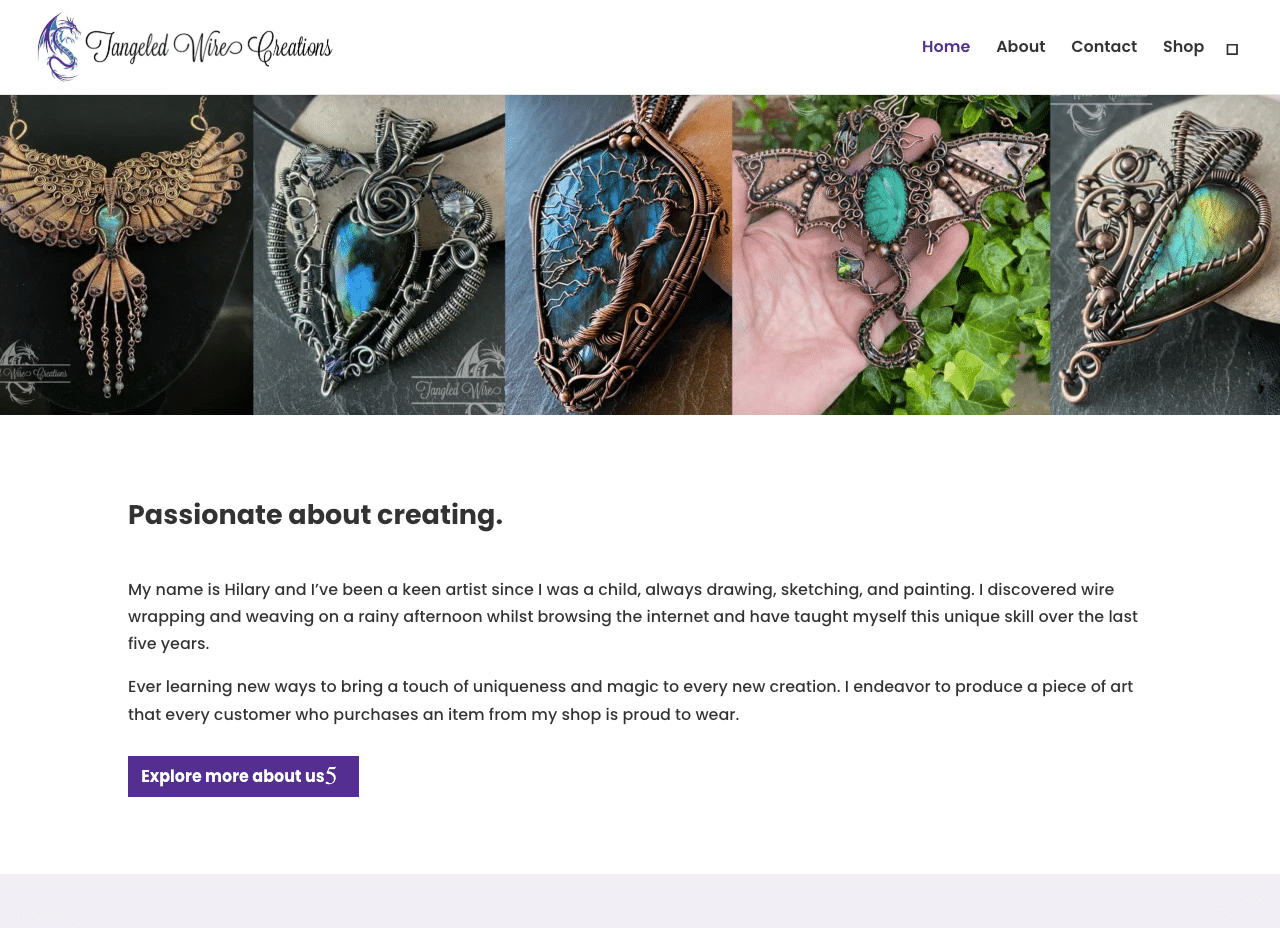 The homepage of Tangled Wire Creations before the transformation