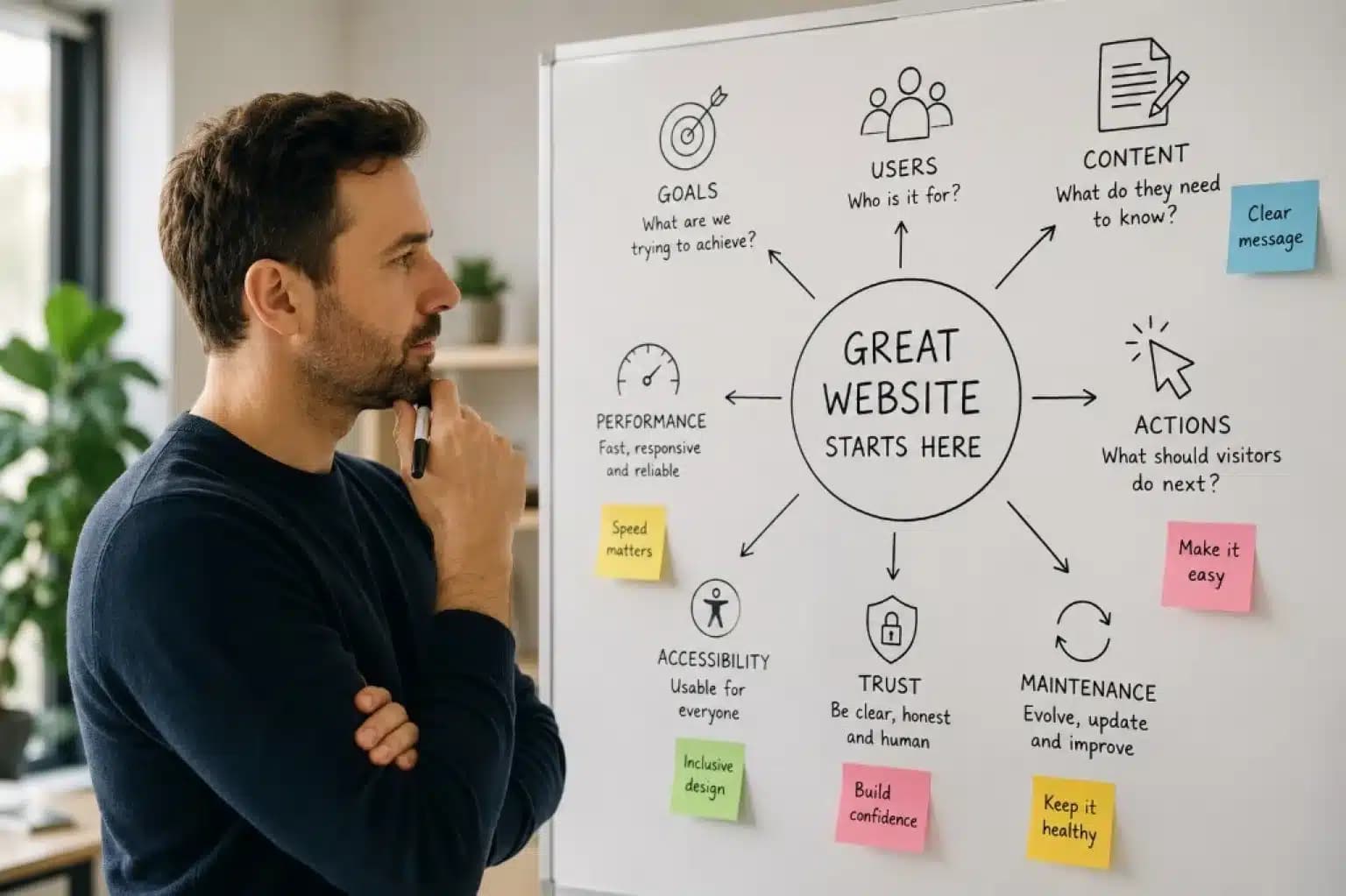 Web developer studying a whiteboard mind map about building a great website, covering goals, users, content, performance, accessibility, trust, and maintenance