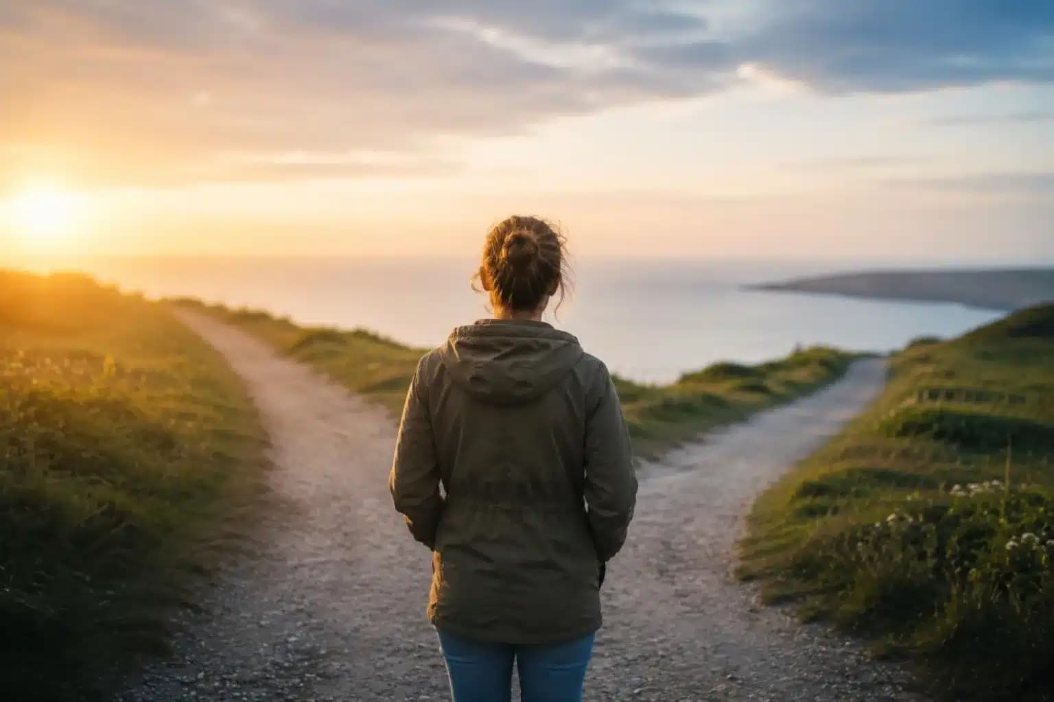 Person standing at a fork in a coastal path at sunset, deciding which way to go