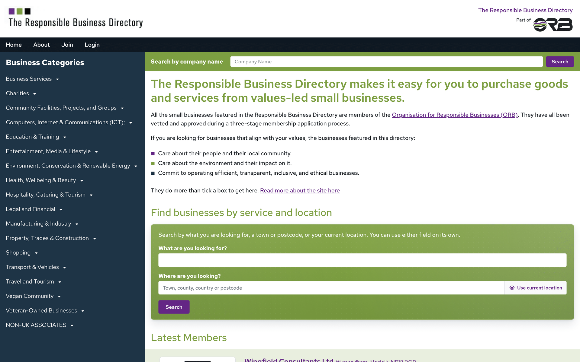 Homepage screenshot of The Responsible Business Directory