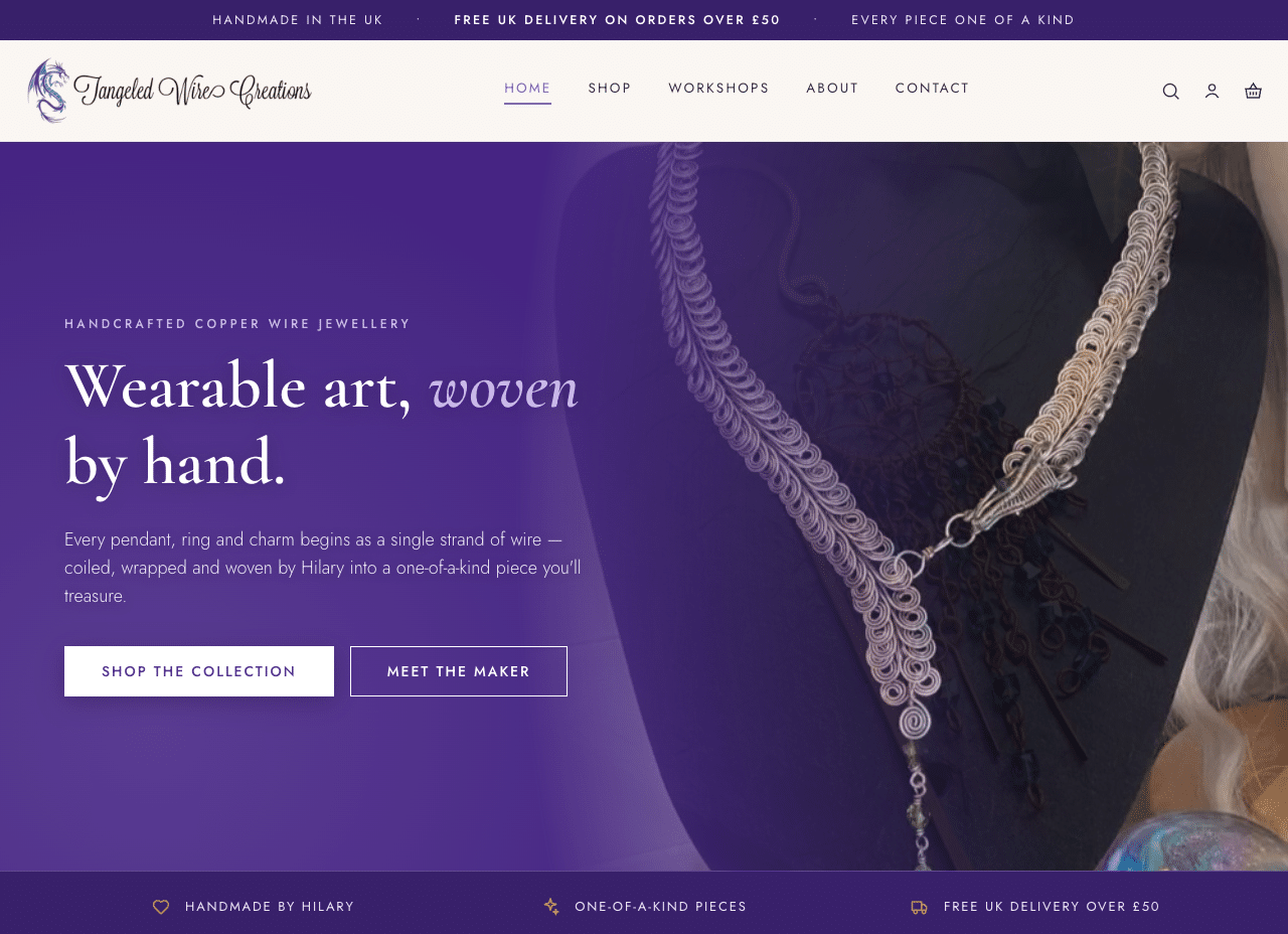 The new homepage for Tangled Wire Creations