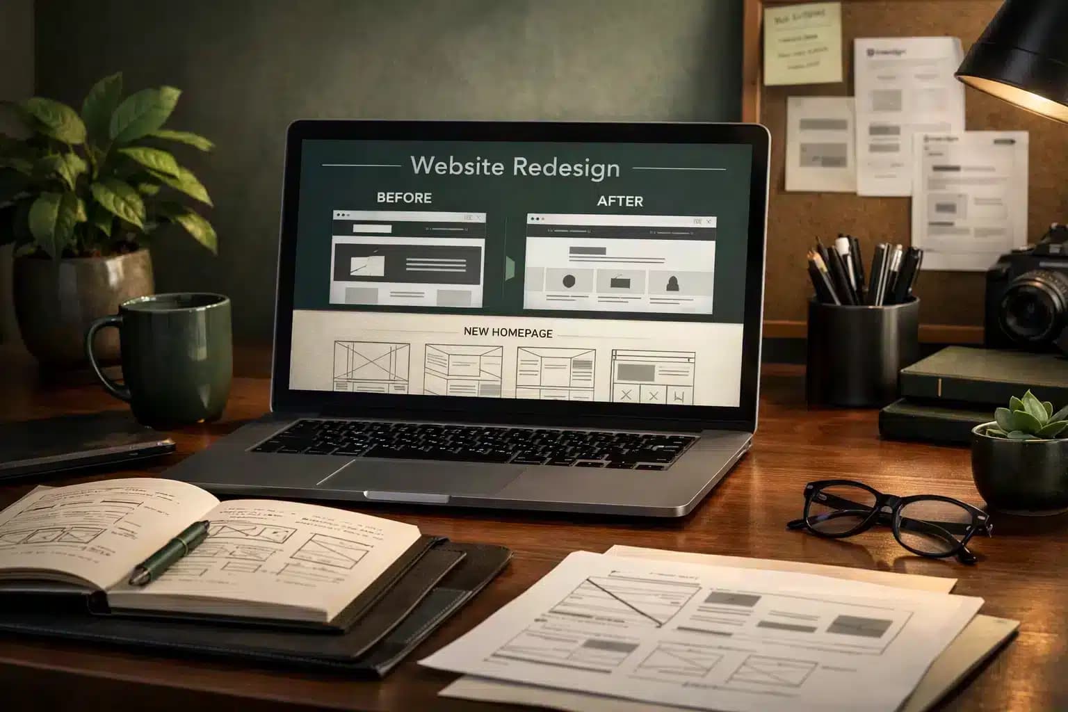 Website redesign planning shown on a laptop with before and after layout concepts