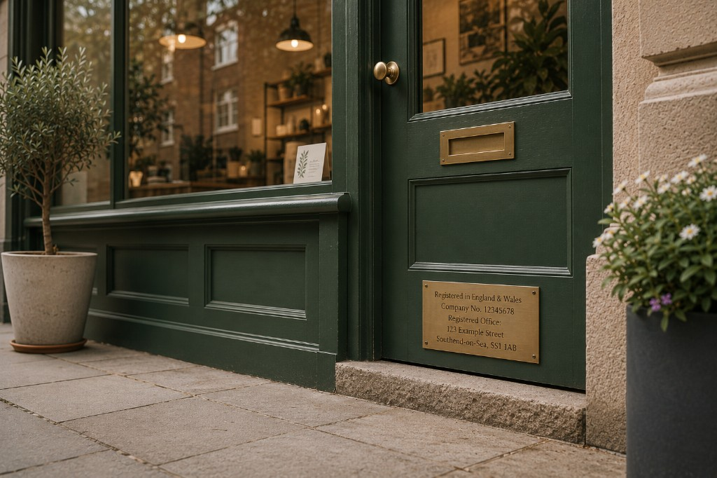 A business door with registered company information displayed on a plaque