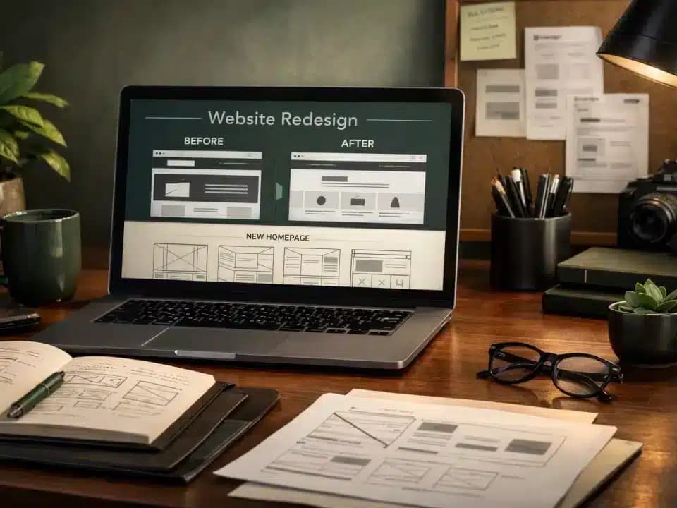 Website redesign planning shown on a laptop with before and after layout concepts
