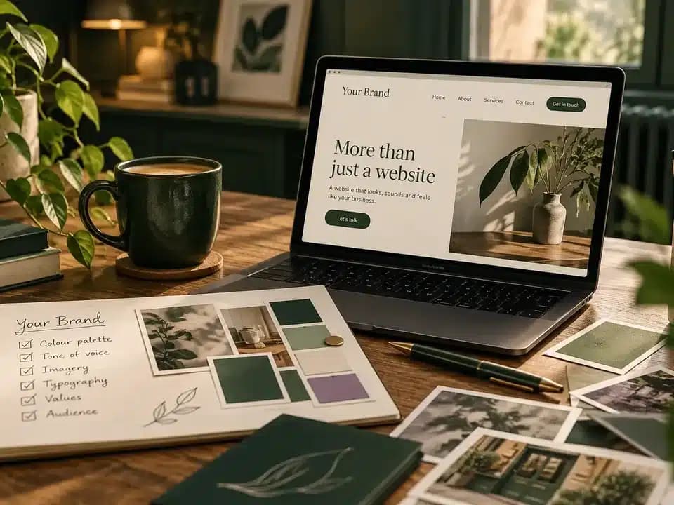 Laptop showing a website titled "More than just a website" on a wooden desk beside a brand notebook with colour swatches, typography and tone of voice notes, a coffee mug and plants