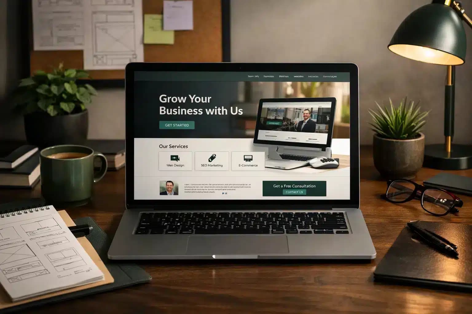 Small business website homepage design shown on a laptop in a creative workspace