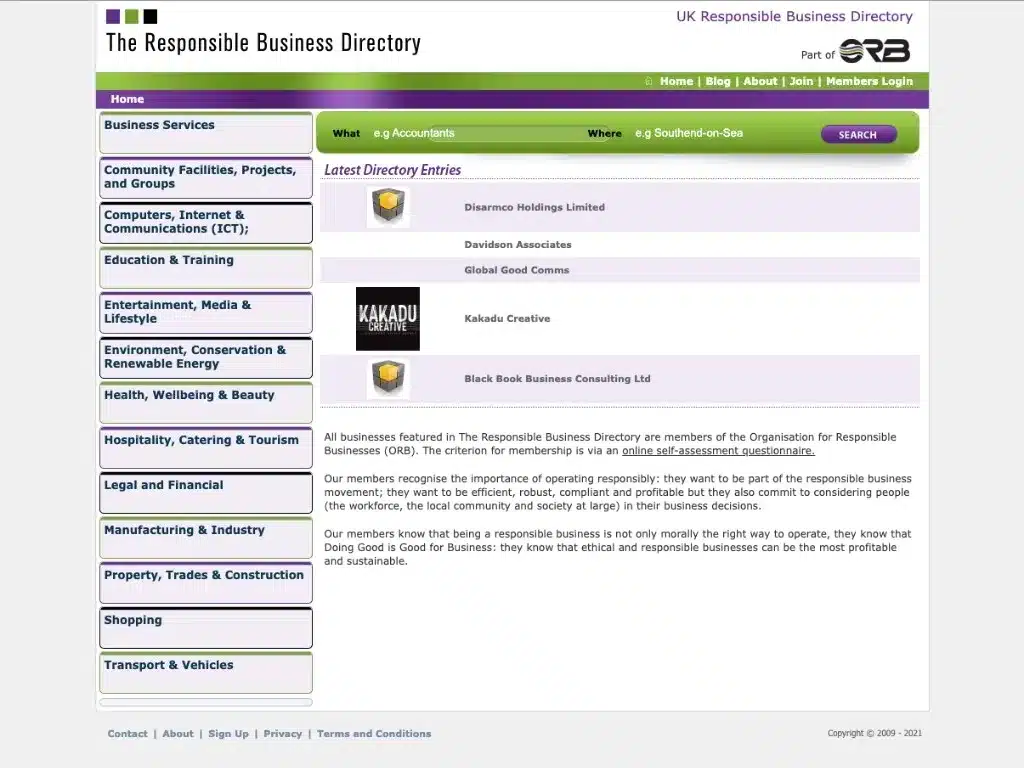Screenshot of The Responsible Business Directory as it appeared before the 2024 rebuild