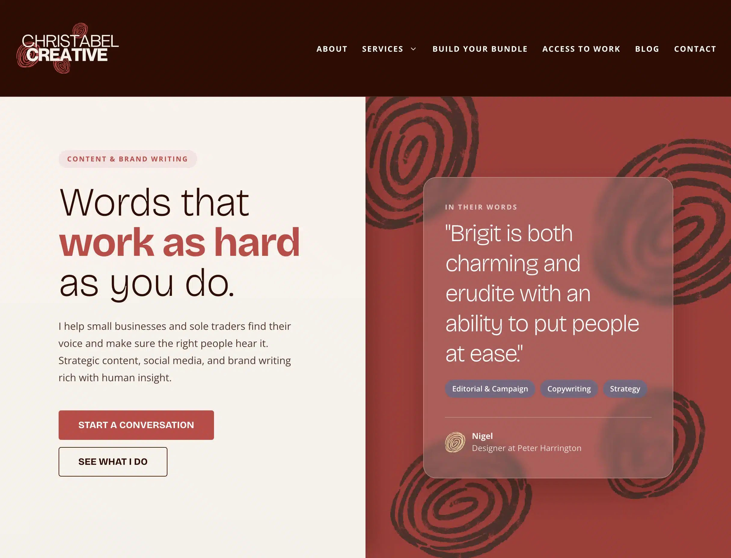 The Christabel Creative homepage, with the headline "Words that work as hard as you do"