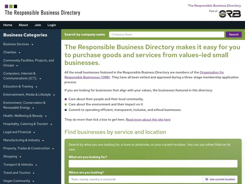 Screenshot of the current Next.js Responsible Business Directory
