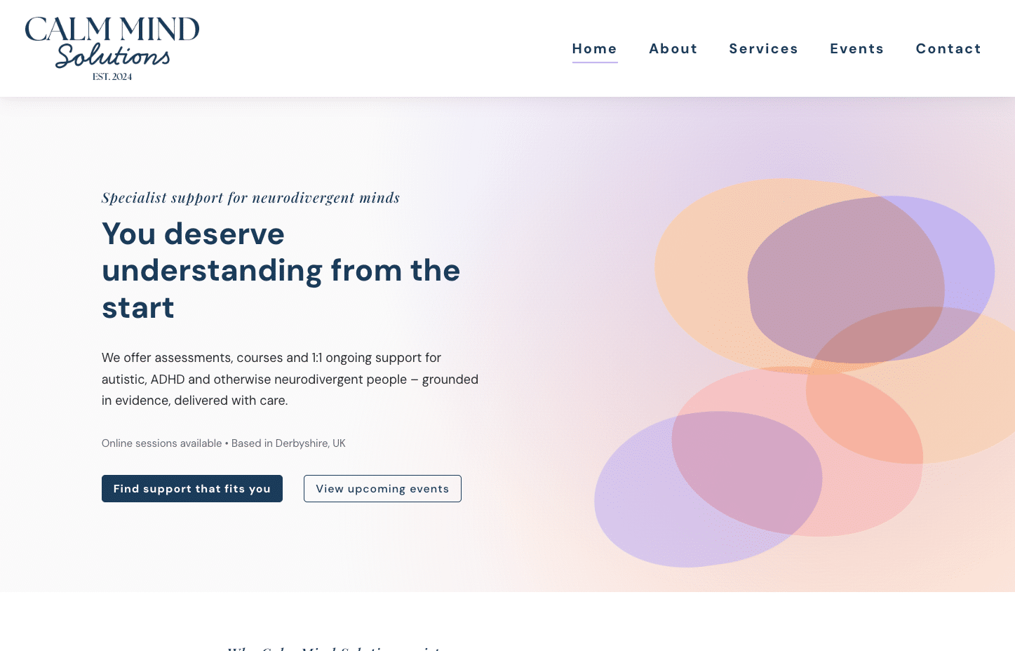Screenshot of the Calm Mind Solutions website