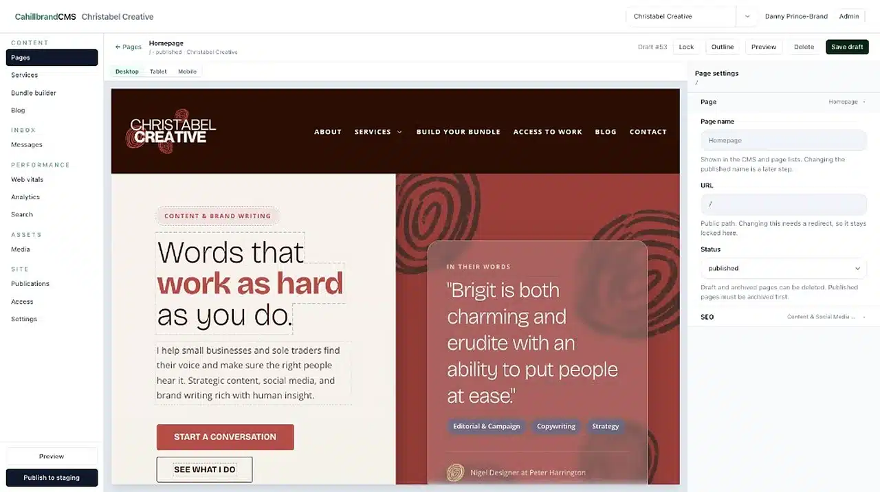 The Cahillbrand CMS editor with the Christabel Creative homepage open for editing