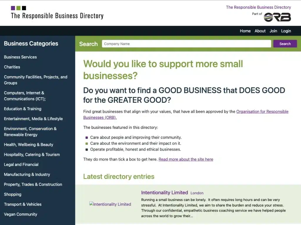 Screenshot of The Responsible Business Directory after the 2024 CodeIgniter 4 rebuild